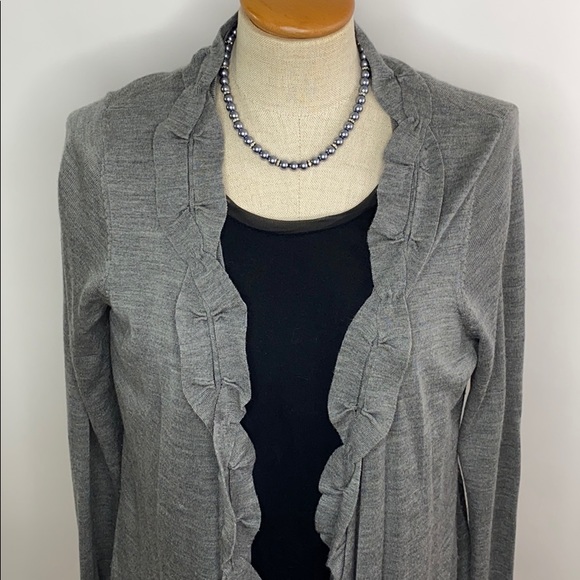 LOFT Gray Long Cardigan With Ruffled Edges - Picture 2 of 7